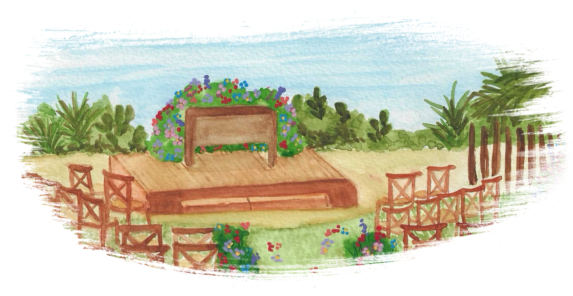 Ilustração aquarelada da cerimônia: arco de flores, cadeiras de madeira e palmeiras sob o céu azul